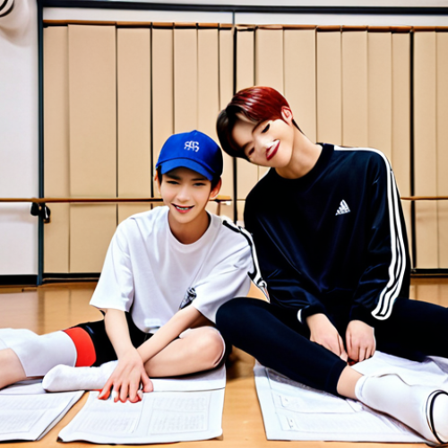 Home 7 **Doyoung and Taeyong's intense trainee days:** Doyoung and Taeyong in a practice room, sweating and exhausted but smiling, surrounded by dance equipment and vocal training sheets, showcasing their friendship.