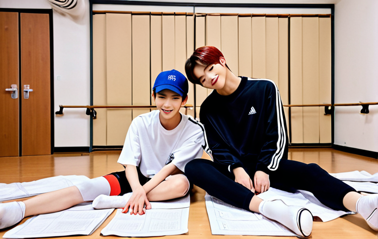 **Doyoung and Taeyong's intense trainee days:** Doyoung and Taeyong in a practice room, sweating and exhausted but smiling, surrounded by dance equipment and vocal training sheets, showcasing their friendship.