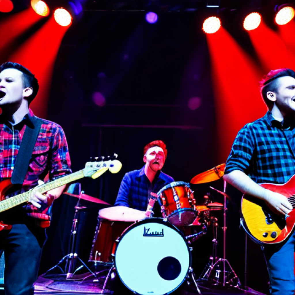 A dynamic professional punk rock band performing live on a vibrant stage. The musicians are fully clothed in modest, stylized attire, featuring elements like plaid shirts and sturdy jeans with appropriate coverage, ensuring a professional and safe appearance. They play instruments with immense energy, bathed in dramatic stage lighting of reds and blues in a dimly lit, smoke-filled club. An enthusiastic, fully clothed audience is visible in the foreground, engaged and cheering respectfully. The scene captures the raw energy and passion of a live concert, focusing on powerful musical performance. perfect anatomy, correct proportions, natural pose, well-formed hands, proper finger count, natural body proportions, high-quality professional photography, safe for work, appropriate content, fully clothed, professional, modest, family-friendly.