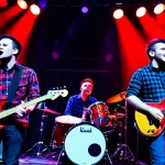 A dynamic professional punk rock band performing live on a vibrant stage. The musicians are fully clothed in modest, stylized attire, featuring elements like plaid shirts and sturdy jeans with appropriate coverage, ensuring a professional and safe appearance. They play instruments with immense energy, bathed in dramatic stage lighting of reds and blues in a dimly lit, smoke-filled club. An enthusiastic, fully clothed audience is visible in the foreground, engaged and cheering respectfully. The scene captures the raw energy and passion of a live concert, focusing on powerful musical performance. perfect anatomy, correct proportions, natural pose, well-formed hands, proper finger count, natural body proportions, high-quality professional photography, safe for work, appropriate content, fully clothed, professional, modest, family-friendly.