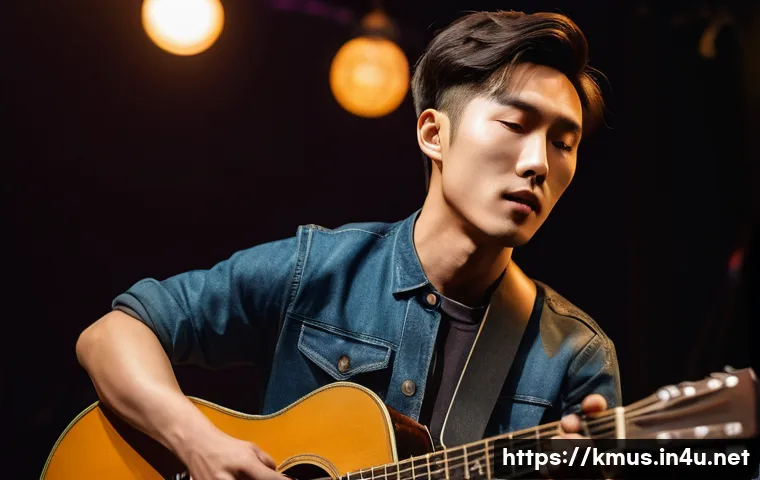 잔나비 최정훈의 논란과 음악적 성과 - A charismatic Korean male musician in his late 20s performing passionately on stage with an acoustic...