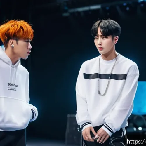 Home 16 슈퍼주니어 이특과 은혁의 비하인드스토리 - A dynamic backstage scene showing two male K-pop idols in a heated but controlled physical altercati...