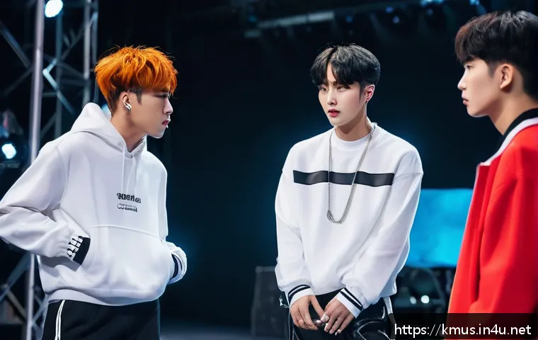 슈퍼주니어 이특과 은혁의 비하인드스토리 - A dynamic backstage scene showing two male K-pop idols in a heated but controlled physical altercati...