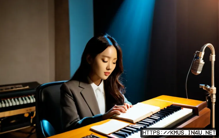 윤하 Younha  원곡 작사와 리메이크 사례 - Photorealistic Korean female singer-songwriter in a warmly lit recording studio, seated at an uprigh...